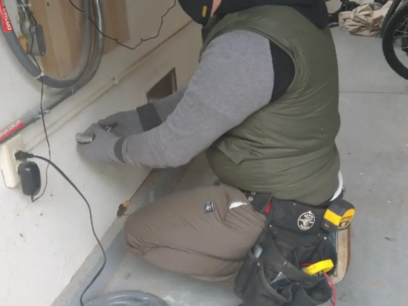 Electrician performing outlet wiring in a Amite City garage